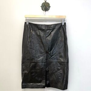 Halogen Black Genuine Leather Straight Pencil Skirt Front Slit Pockets Size 2